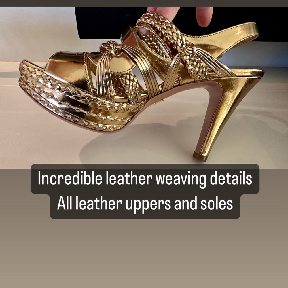 Prada Gold Metallic Woven all leather Platform Sandals 38 1/2 (Mint Condition) - Picture 13 of 15